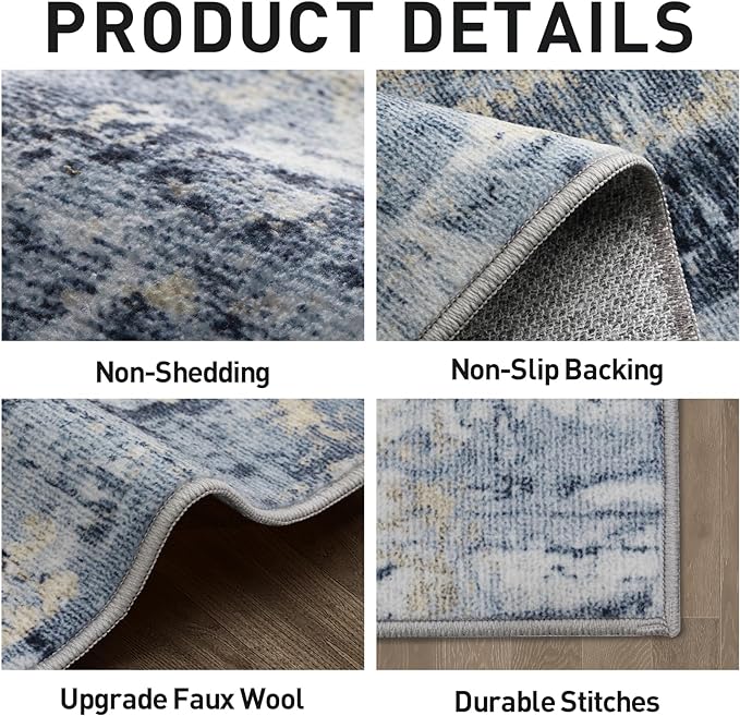 2'6''x8' Runner Rugs Washable Rug: Modern Abstract Hallway Blue Gold Carpet | - Image 6