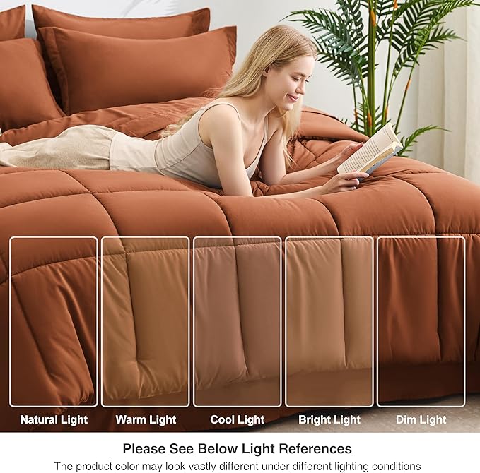Love's cabin California King Comforter Set Burnt Orange, 7 Pieces California King Bed in a Bag, All Season Bedding Sets with 1 Comforter, 1 Flat Sheet, 1 Fitted Sheet, 2 Pillowcase and 2 Pillow Sham