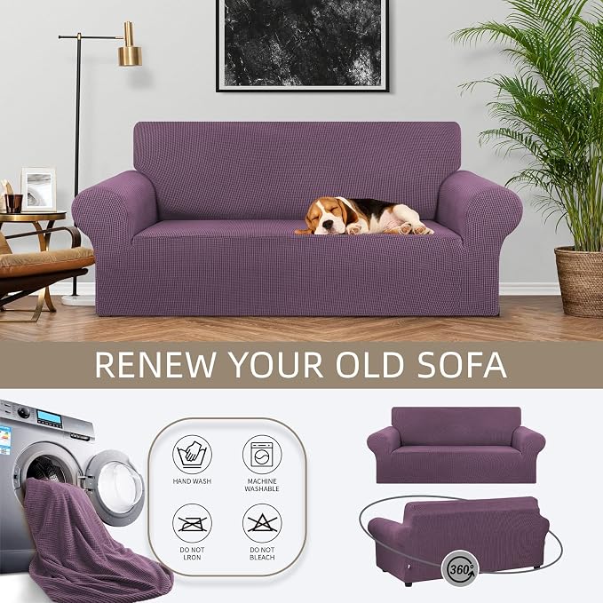 Stretch Loveseat Couch Cover, 2 Cushion Couch Slipcover, Dark Purple | 1-Piece - Image 3