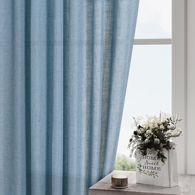 Blue Linen Curtains for Living Room 2 Panels Set Extra Long Back Tab Light - Image 2