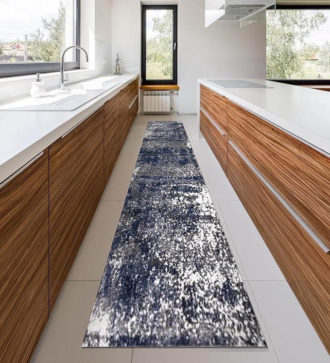 Keen Home Design Area Rugs - 2x18 Non-Shedding, Abstract Rugs for Kitchen, Living Room, Bedroom, Dining Room, Entryway - Size: 2'8" x 18', Navy/Grey/White