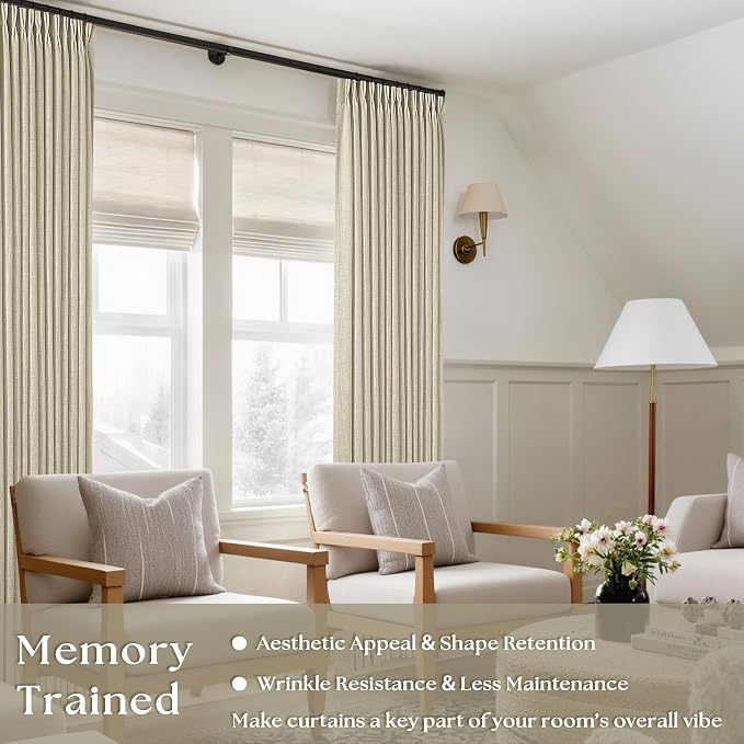 Beige Pinch Pleated Linen Curtains 94 Inches Long 2 Panels Set | Memory - Image 4