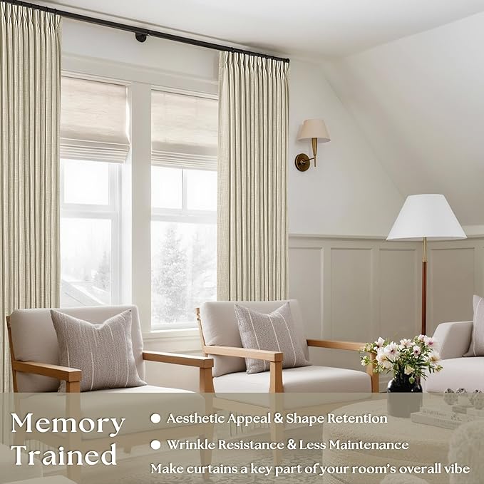 Neutral Oatmeal Linen Pinch Pleated Curtains Long 2 Panels | Memory Training - Image 2