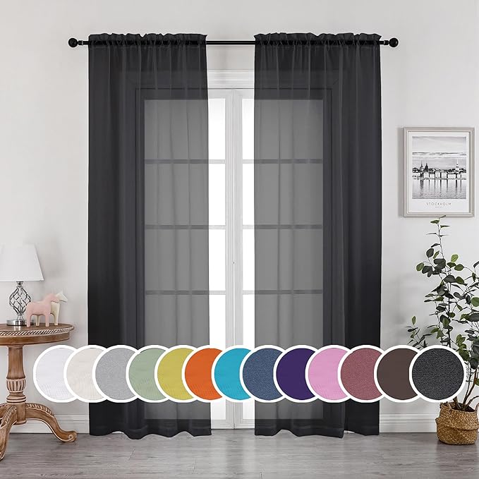 Black Sheer Curtains, Sheer Curtains 84 inch Length 2 Panels Set, Rod Pocket by OWENIE