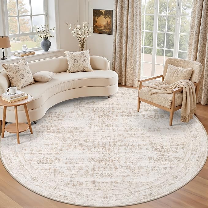 Round Area Rug for Living Room: 6ft Boho Washable Rug Beige Brown | Vintage by EXPEDIX