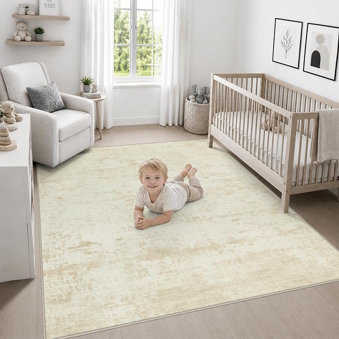 Area Rug Living Room: 4x4 Modern Washable Indoor Soft Carpet Beige | - Image 5