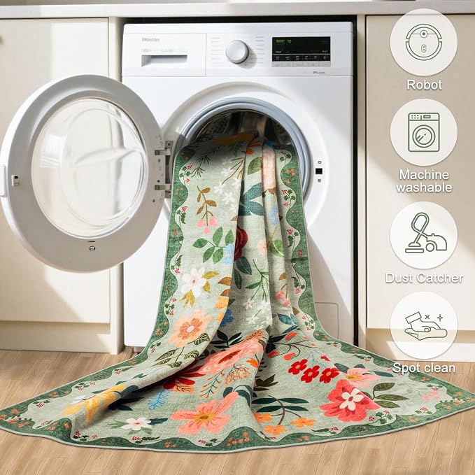 PLHXFR 2.6x10 Washable Runner Rug：Floral Indoor Kitchen Soft Carpet Green | - Image 8