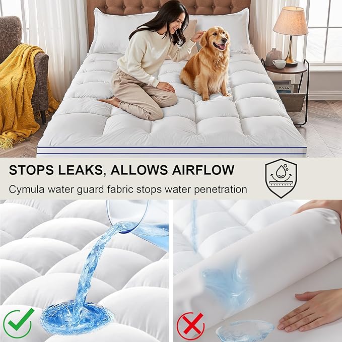 CYMULA Full Size Mattress Topper, Cooling Mattress Pad Cover Waterproof, Extra Thick Pillow Top Mattress Topper with 8-21 Inch Elasticated Pockets, Firm Plush Down Alternative Fill Mattress Protector