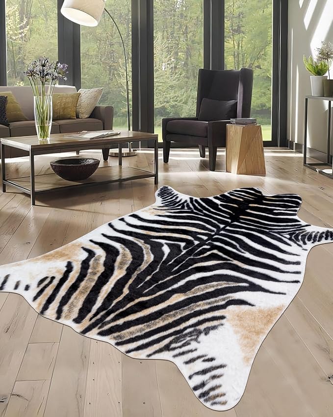 Zebra Print Rug for Living Room, Faux Fur Zebra Hide 6.2x8.2 Feet Animal Skin by WARMHAVEN