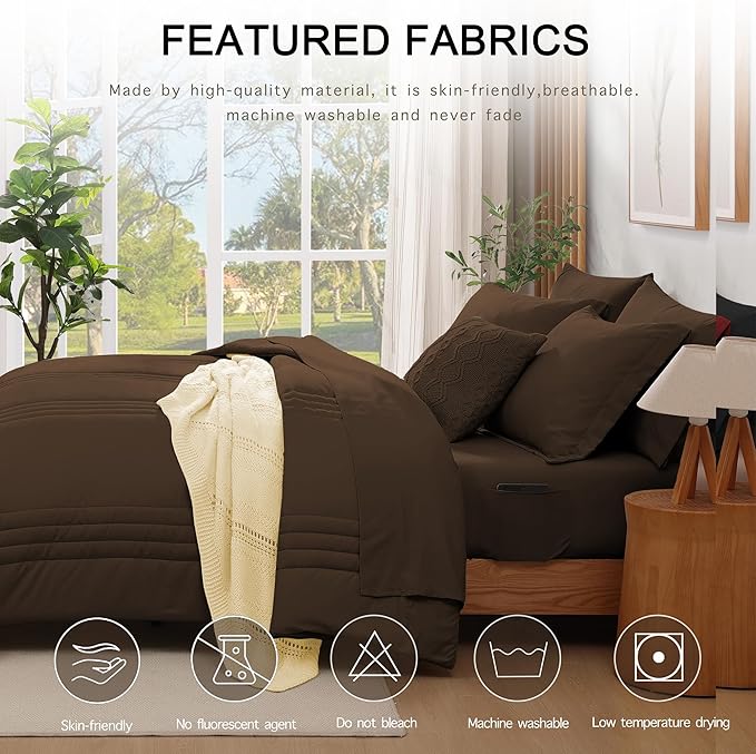 Monbix Queen Comforter Set - 7 Pieces Chocolate Brown Bed in a Bag Queen Bedding Sets with Comforters, All Seasons Down Alternative Comforter Bed Set with Sheets, Pillowcases & Shams