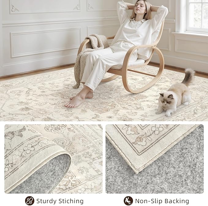 5x7 Area Rugs Living Room: Bedroom Washable Carpet Beige White | Vintage Boho - Image 4