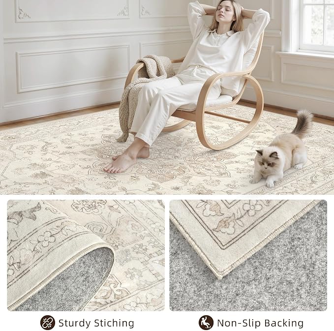 10x12 Area Rugs Living Room: Bedroom Washable Carpet Beige White | Vintage Boho - Image 4