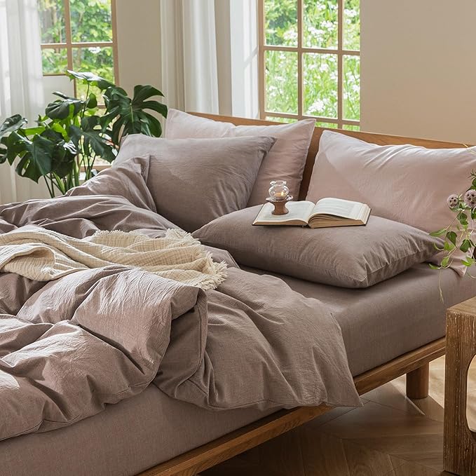 MooMee Bedding Duvet Cover Set 100% Washed Cotton Linen Like Textured Breathable Durable Soft Comfy (Heathered Mauve Brown, Super Queen 90"x98")