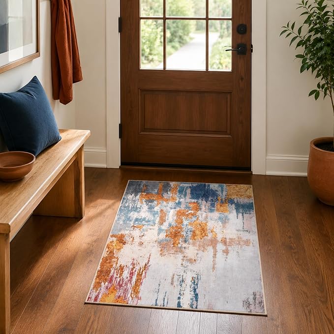 Entrance Rugs Indoor 2x3 Orange Blue Entry Rug Washable Abstract Small Area Rug by OmpaaHomeDecor