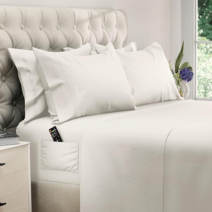 DREAMCARE Queen Sheet Set – 6 pcs Cooling Bed Sheets – up to 21” Deep Pocket Queen Sheets Set – 2500 Supreme Collection – Extra Soft 100% Brushed Microfiber Hotel Luxury with Side Pocket – Ivory