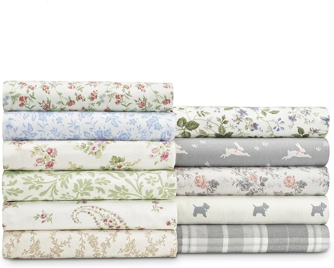 Laura Ashley - Flannel Sheets Full Size, Anti-Pilling & Wrinkle Resistant Cotton, Touchably Soft for All-Season Comfort - Bed Sheets with Matching Pillowcases & Fitted Sheet (Mulholland Plaid Grey)