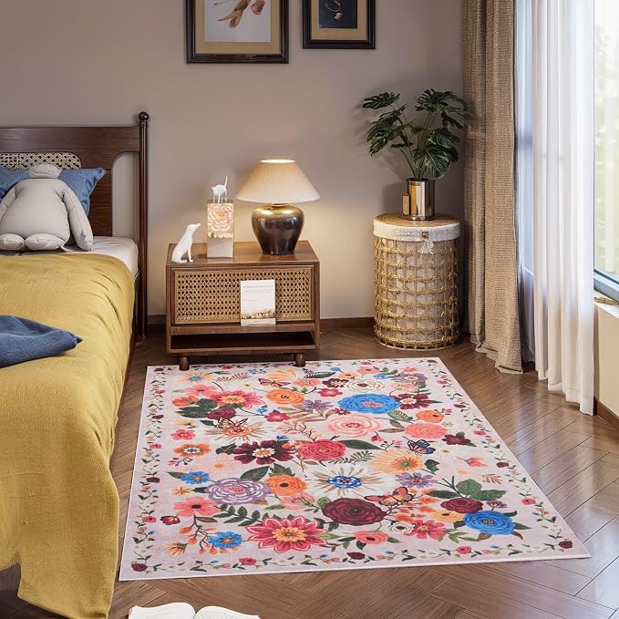 Blush Floral Entryway 3x5 Rug for Bathroom Bedroom Washable Rug | Non Slip Soft - Image 7