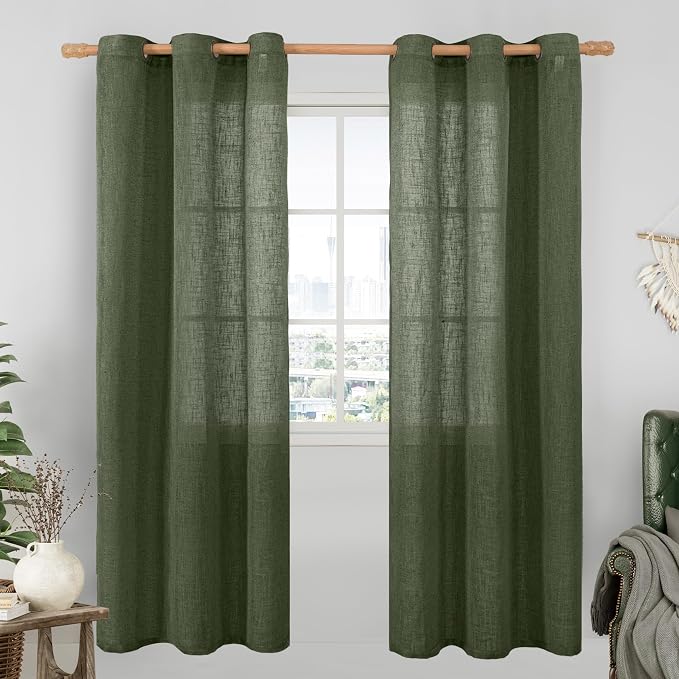 Olive Green Linen Curtains 80 Inch Length 2 Panels Set by LAMIT