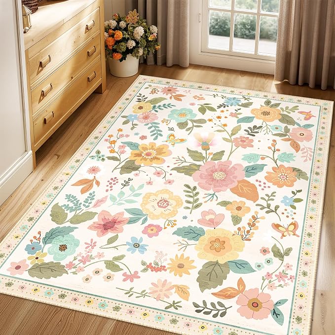 RELEANY Floral Washable 3x5 Area Rugs Beige/White/Orange | Flower Carpet Print - Image 9