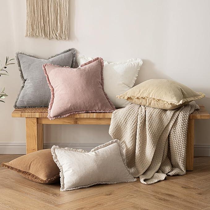 MIULEE Boho Linen Fringe Decorative Throw Pillow Covers Pink 18x18 | Set of 2 - Image 5