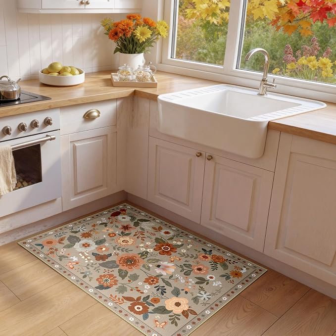 RELEANY Floral Washable 2x3 Area Rugs Doormat Brown/Brick | Flower Carpet Print - Image 4