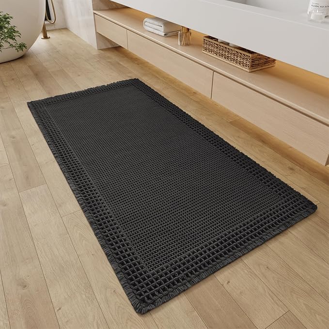 RESARE Waffle Bathroom Runner Rugs, Non Slip Boho Bath Mat 24"x48" Black | Long by Resare