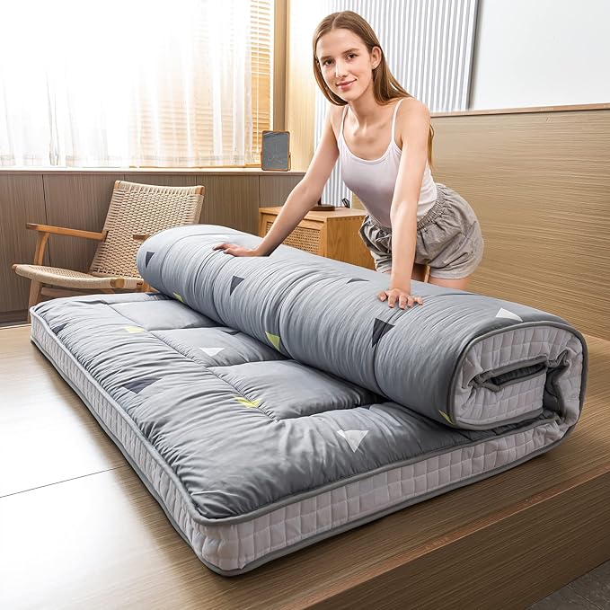 MAXYOYO Grey Triangle Futon Mattress, Japanese Floor Mattress Quilted Bed Mattress Topper, Extra Thick Folding Sleeping Pad Breathable Floor Lounger Guest Bed for Camping, Queen Size