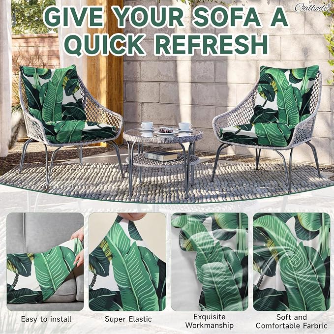 CALBODE 12 Pcs Stretch Outdoor Seat Cushion Covers, Monstera | Washable - Image 4