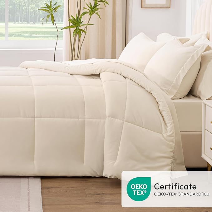 Love's cabin Queen Comforter Set Beige, 7 Pieces Queen Bed in a Bag, All Season Bedding Sets with 1 Comforter, 1 Flat Sheet, 1 Fitted Sheet, 2 Pillowcase and 2 Pillow Sham