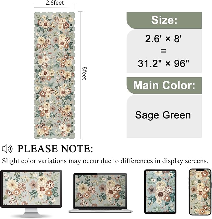 DUKINO 2.6x8 Runner Rug, Floral Washable Kitchens Rug Non Slip, Sage Green | - Image 2