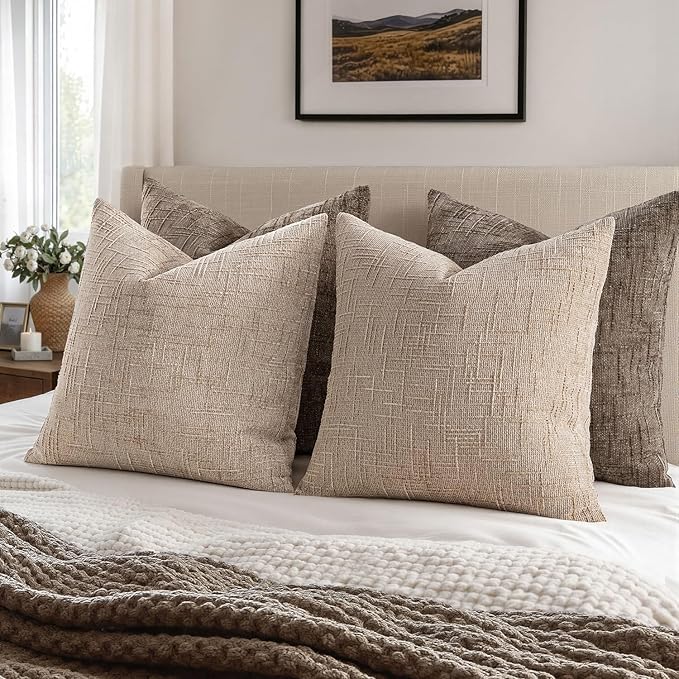 MIULEE Chenille Textured Throw Pillow Covers Oatmeal 18x18 Set of 2 | Slubby - Image 5