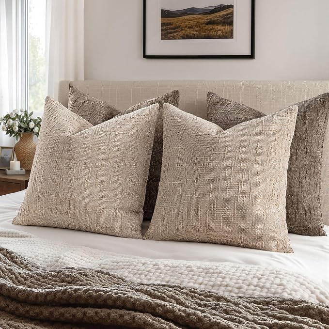 MIULEE Chenille Textured Throw Pillow Covers Oatmeal 20x20 Set of 2 | Slubby - Image 5