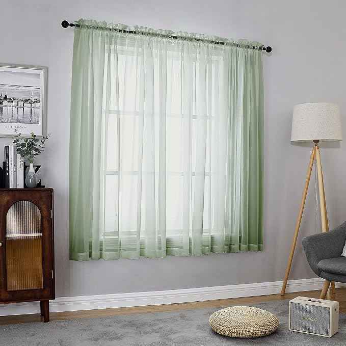 Chyhomenyc Sheer Curtains 63 Inch Length 2 Panels, Sage Green | Light Filtering - Image 3