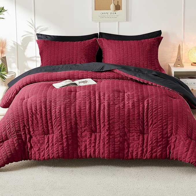HYMOKEGE Red & Black King Size Comforter Set Seersucker 7 Pieces, All Season Luxury Bed in a Bag for Bedroom, Bedding Set with Comforters, Sheets, Pillowcases & Shams