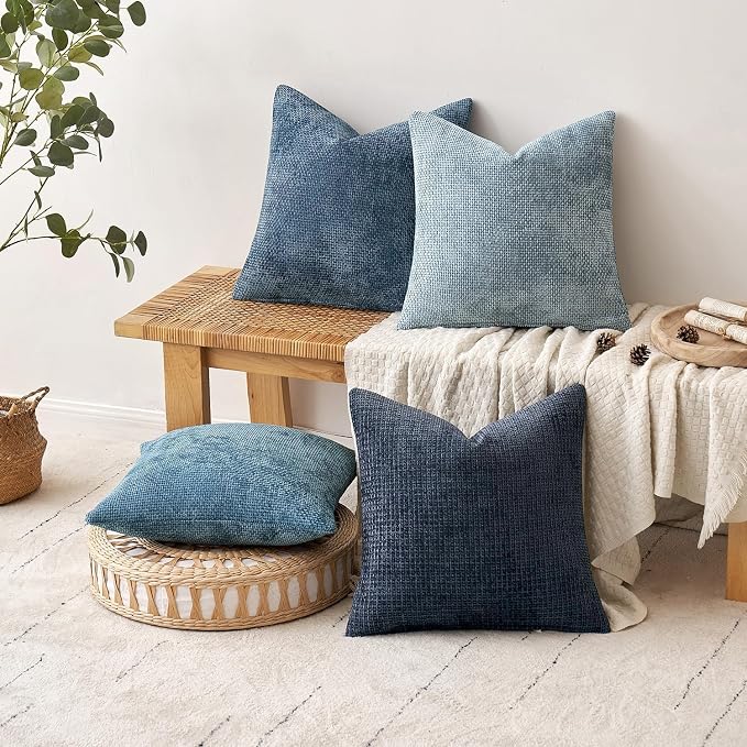 MIULEE Soft Decorative Chenille Euro Pillow Covers Blue Series 26x26 | Pack of 4 - Image 3