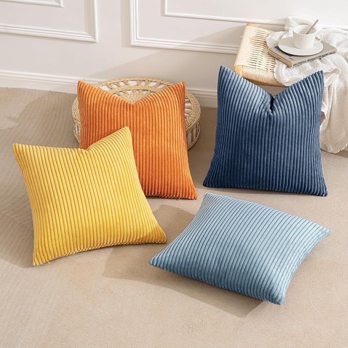 MIULEE Soft Corduroy Decorative Throw Pillow Covers Blue-Orange 18x18 | Set of 4 - Image 3
