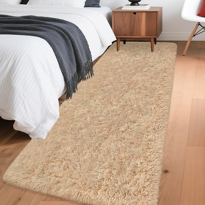 2x6 Bedside Area Rugs for Bedroom Soft Fluffy Shag Beige Rug for Hallway by JiaoBaba