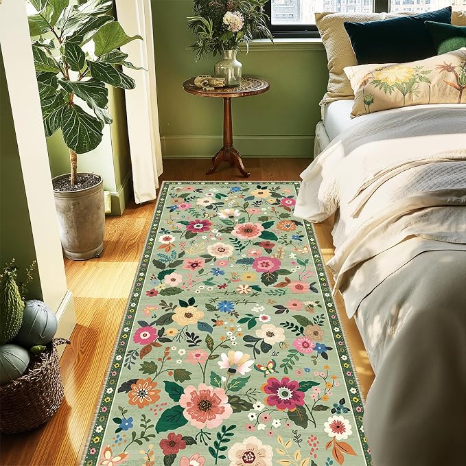 Floral Washable 2x6 Area Rugs Runner Entryway Hallway LightGreen | Flower - Image 8