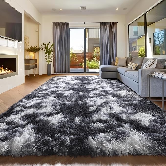 Amdrebio Black White Grey Large Furry Rug 9x12 - Image 4