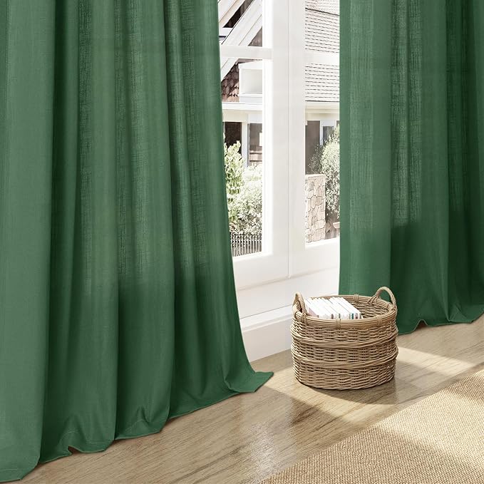 Green Boho Curtains for Bedroom Back Tab Rod Pocket Semi Sheer Linen Curtains - Image 6