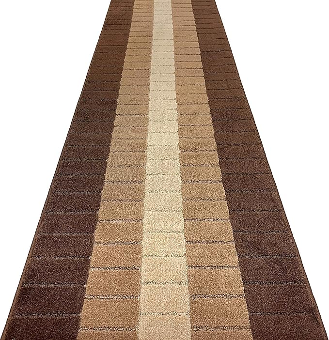Custom Size Modern Geometric Pattern Carpet Runner Rug for Hallways, Slip Resistant Latex Rubber Backed, 31 inch Wide X Customized Length, Squares Brown, 31 inch X 33 feet