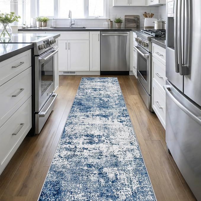 2.6x14 Washable Runner Rug:Modern Abstract Indoor Soft Carpet Blue | by FXRHLP