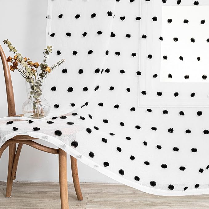 MYSKY HOME Black Pom Pom Curtains Halloween Nursery Curtains for Girls Bedroom 63 Inch Length Long Window White Sheer Curtains for Kids Room Rod Pocket Farmhouse Window Drapes 2 Sets 52" x 63"