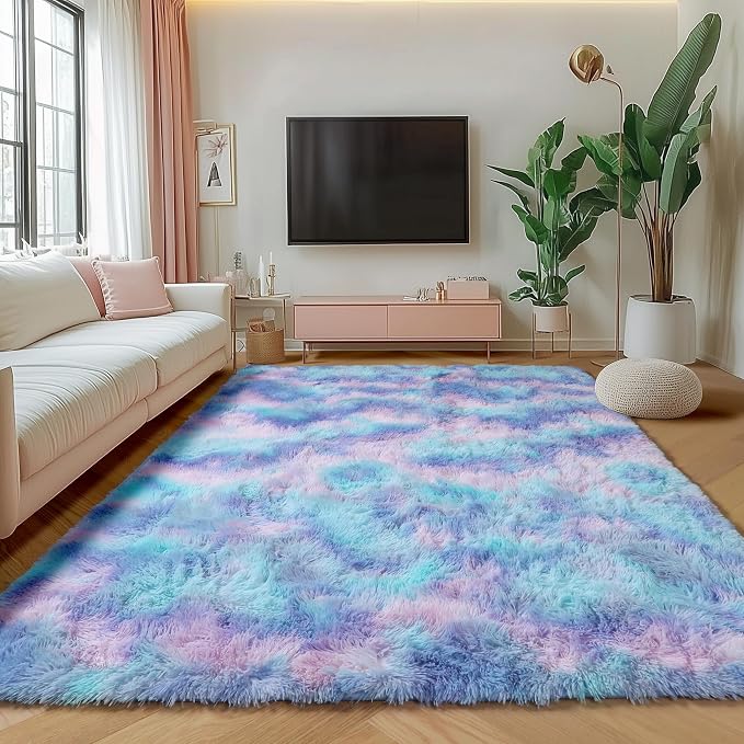 Fluffy Area Rugs for Girls Bedroom, 4x6 Purple Rainbow Bedside Rug, Indoor Cute - Image 6