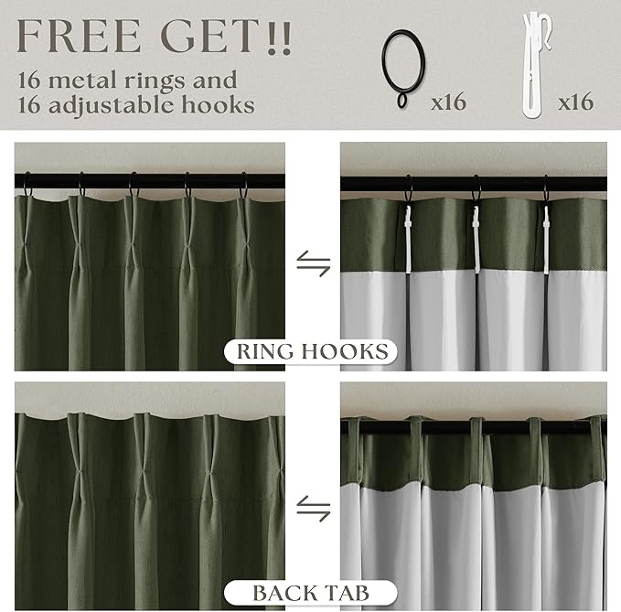 Olive Green Pinch Pleated Blackout Linen Bedroom Curtains 96 Inch Length | - Image 6