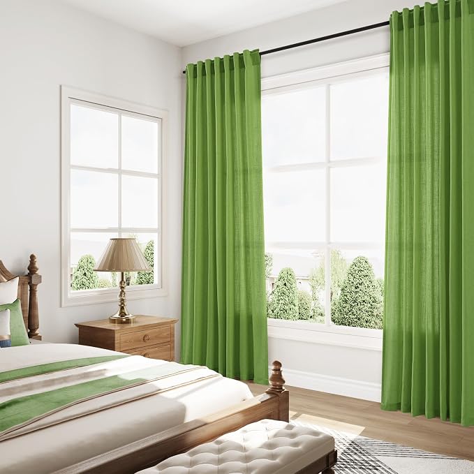 Extra Long Curtain Lime Green Morden Linen Blend Light Filtering Back Tab - Image 8