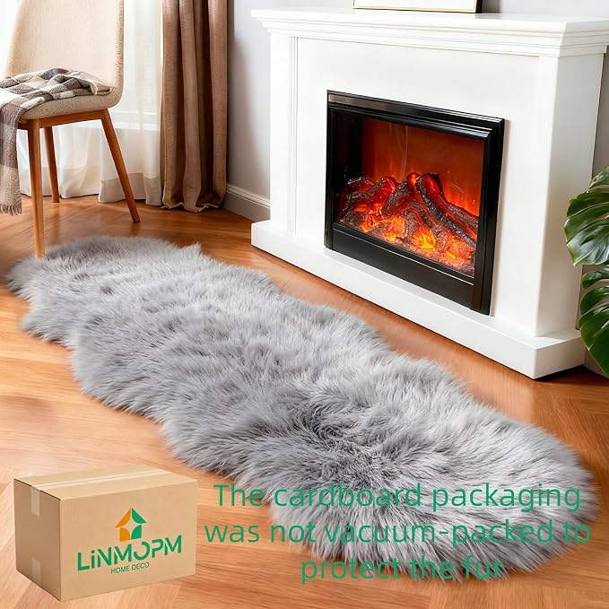 linmopm Faux Fur Sheepskin Rug, 2x6 ft Runner | Shag Fluffy Fuzzy, High-Density - Image 3