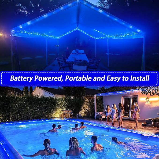 JMEXSUSS 2 Pack Battery Operated Rope Lights Outdoor Waterproof, Total 200LED 66ft 8 Mode/Remote Battery Christmas String Lights, Blue Pool Light for Trampoline Camping Balcony Garden Pool Decor