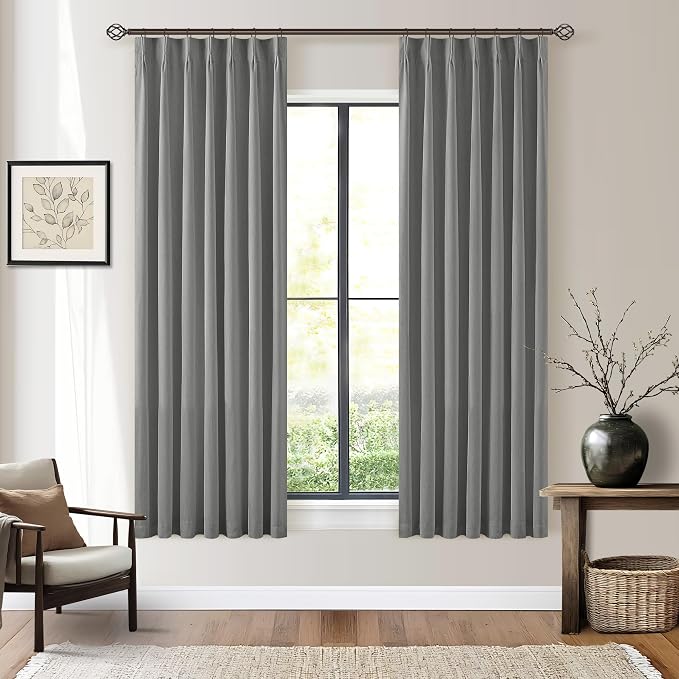 Grey 63 Inch Blackout Pleated Linen Curtains by Twodrapes