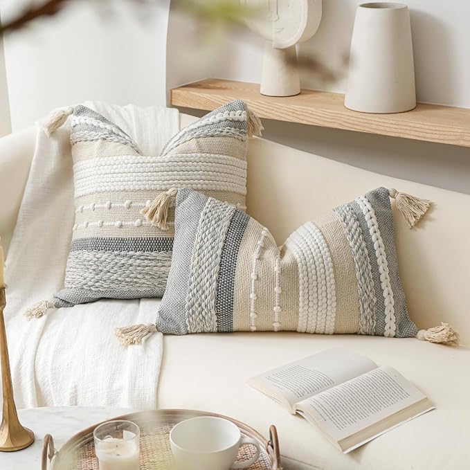 Decorative Lumbar Throw Pillow Cover 14x24 Boho Gray Accent Cushion - Image 3